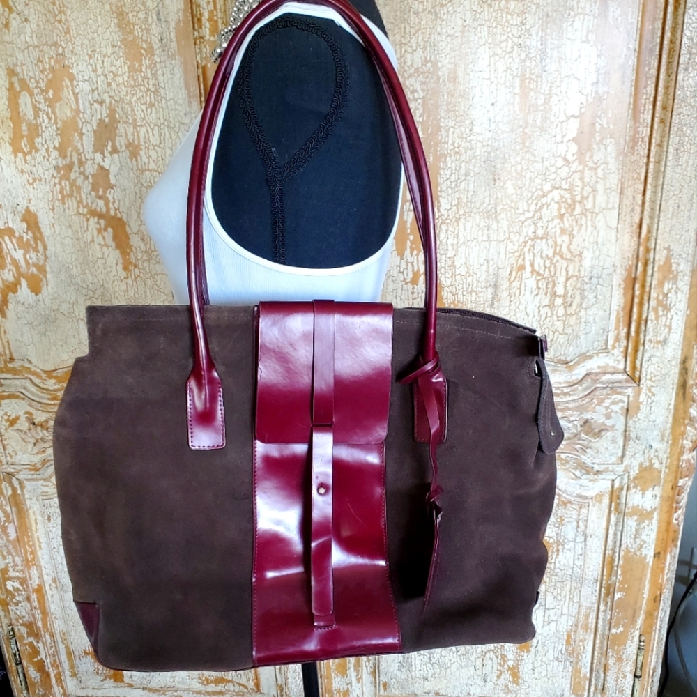Newport News Brown Suede Tote with Burgundy Leather Trim